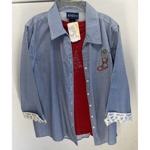 Sequined Christmas Button-up - Women Small, Battenburg Trim Plaid